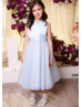 Pearl Neck Sky Blue Satin Polka Dot Tulle Flower Girl Dress